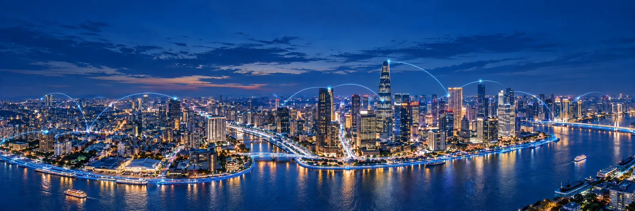 Illustrative waterfront city skyline with blue optical communication light paths