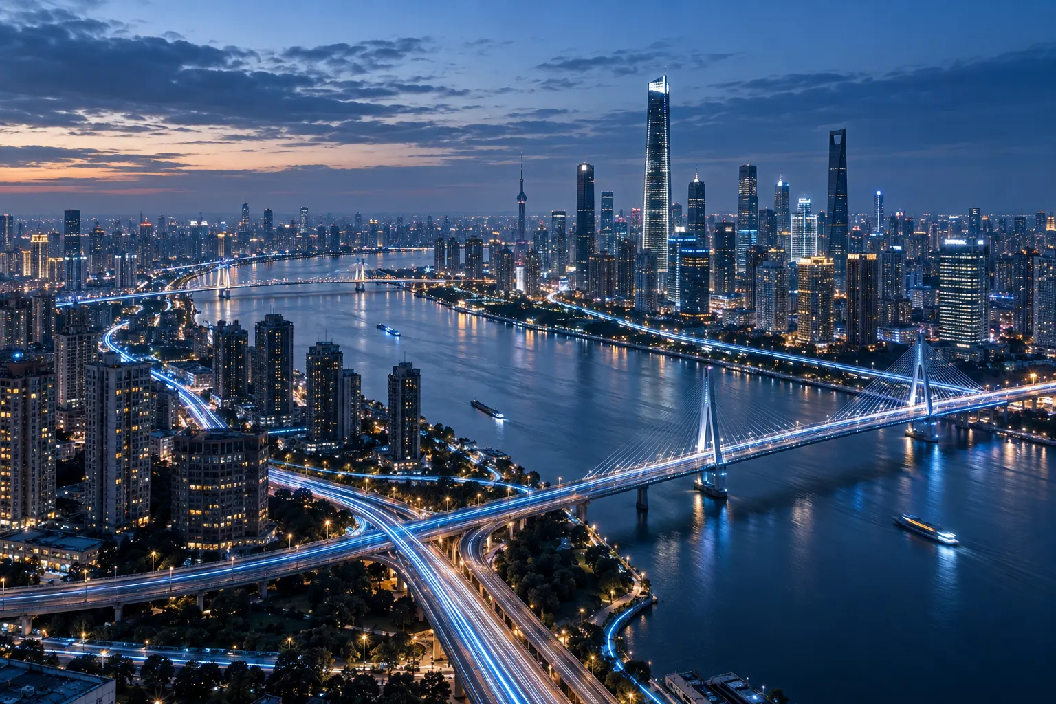 City skyline with illustrative optical network connections