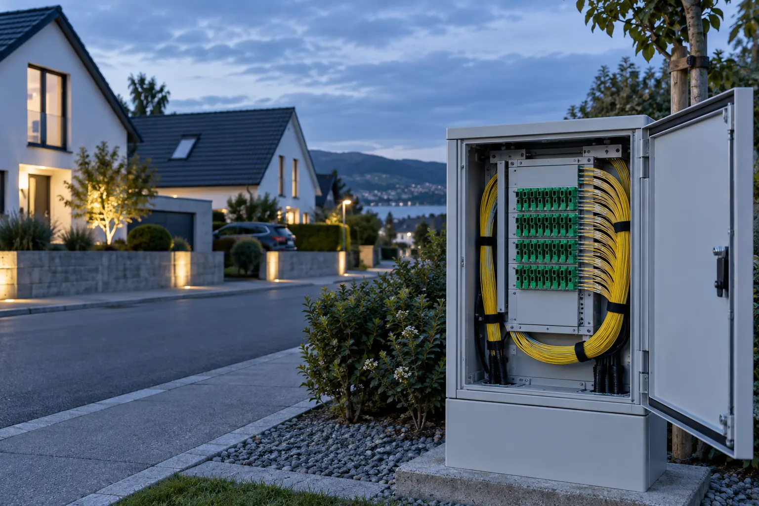 Optical distribution cabinet serving a residential neighborhood
