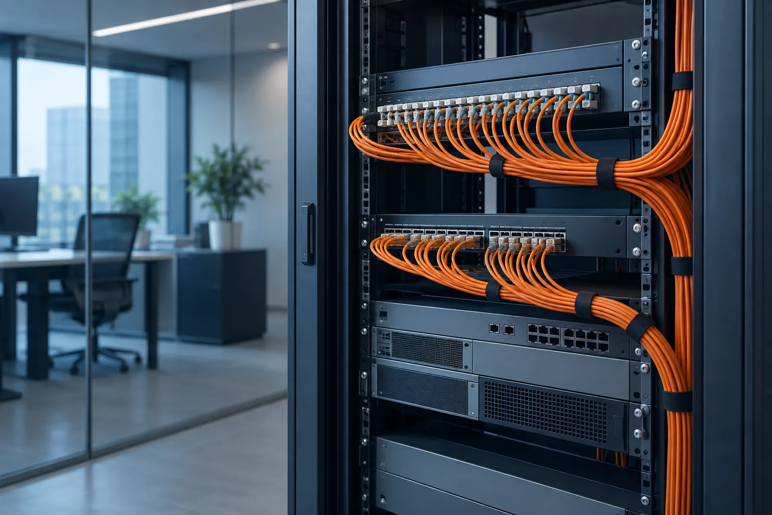 Office telecommunications rack with orange multimode fiber patch cords
