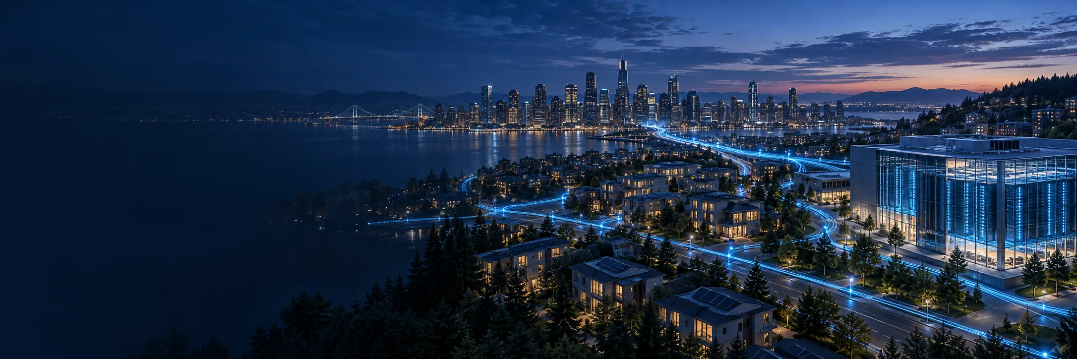 Illustrative optical network connecting homes, a data center and a city skyline