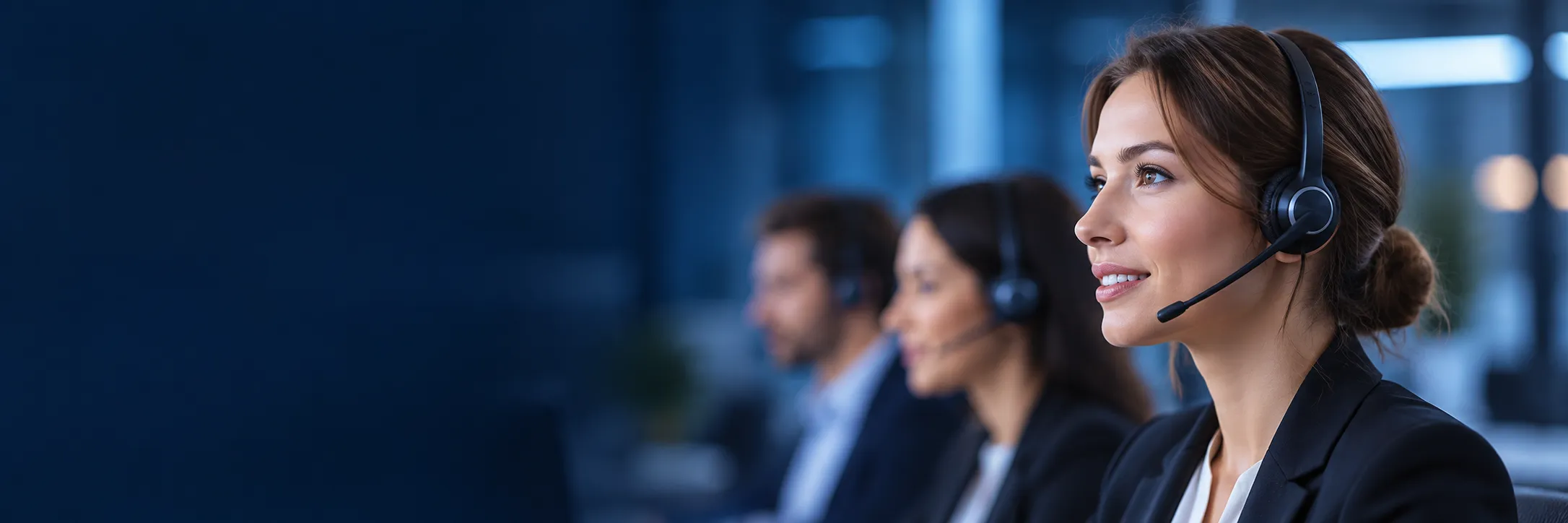 Illustrative customer support scene with headset-wearing representatives