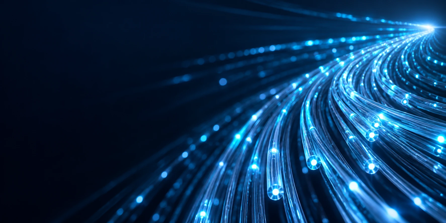 Blue light pulses traveling through optical fiber — conceptual visualization