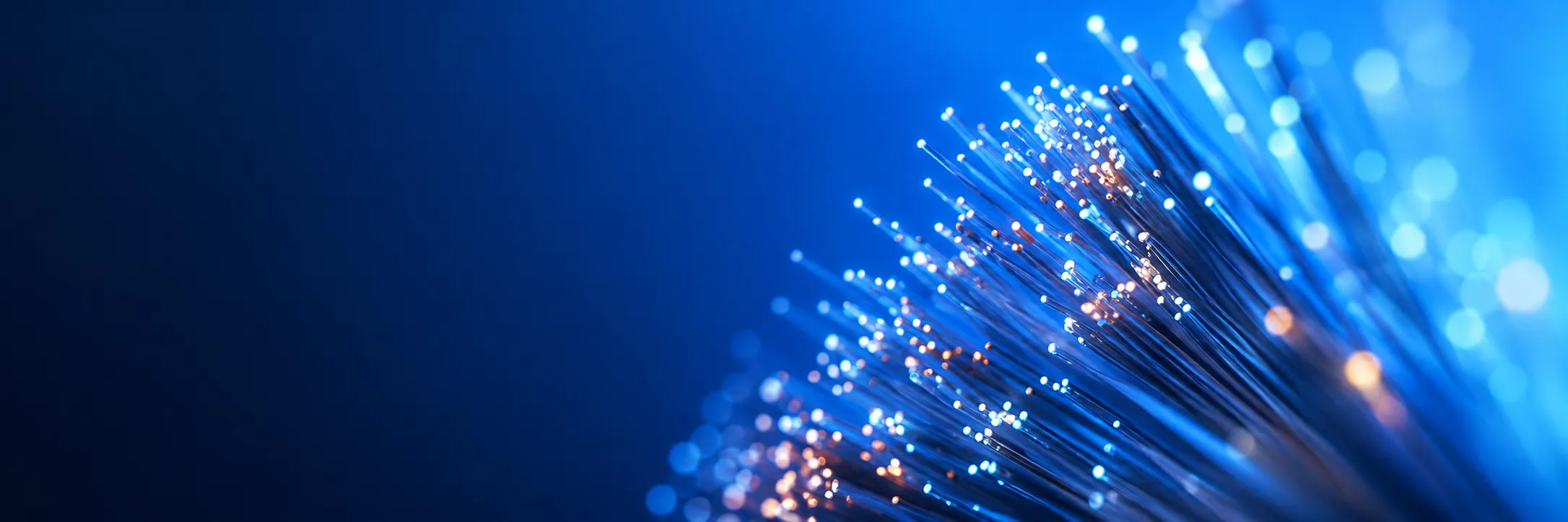 Illuminated optical fiber strands against a deep blue background, conceptual illustration